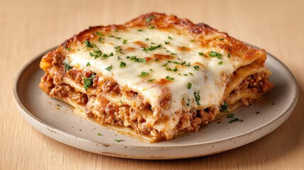 Delicious lasagna slice on plate, wood background, food photography for recipe
