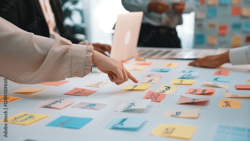 Poster a diverse group of professionals engages in a vibrant brainstorming session, surrounded by colorful 