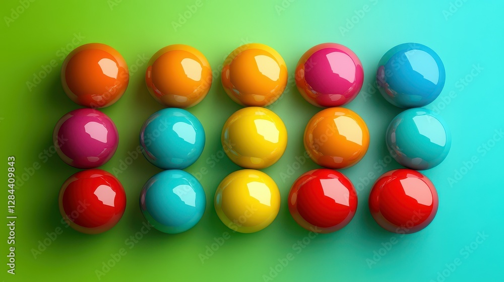 Poster colorful spheres arranged in a vibrant gradient pattern on a multicolored background