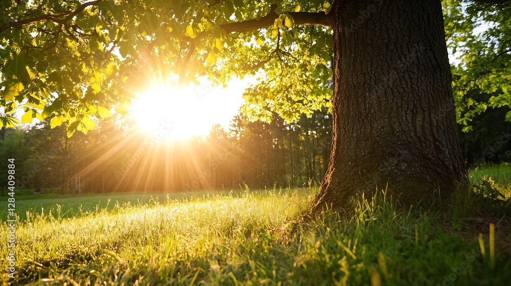 Poster sunlight streaming through lush green leaves beside a sturdy tree trunk in a serene park : generativ