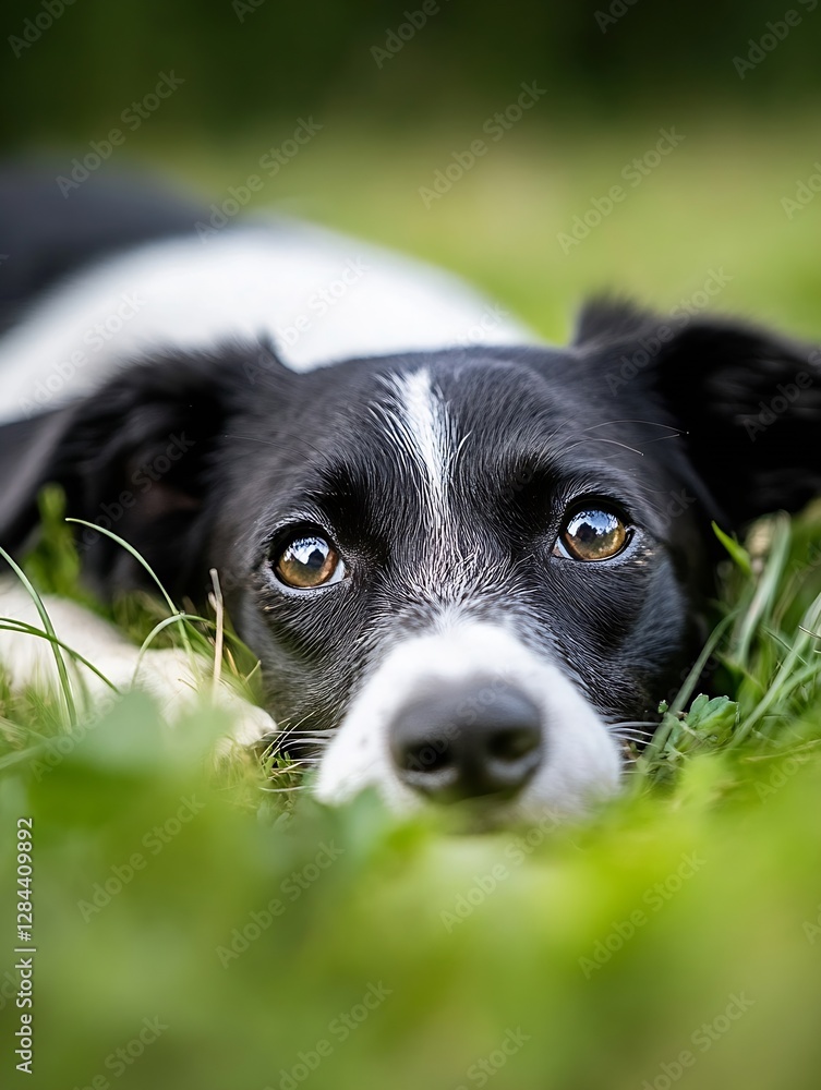 Poster adorable closeup of a playful dog relaxing on the lush green grass in a natural environment : genera