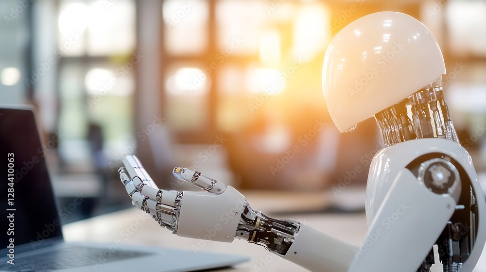 Poster futuristic robot hand preparing to assist on a desk with laptop in modern office : generative ai