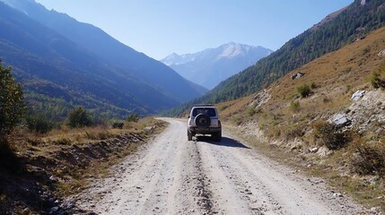 Adventurous Journey on a Remote Mountain Road with SUV in Beautiful Landscape : Generative AI
