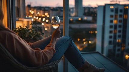 Moderate drinking while relaxing on a cozy balcony overlooking the city. Featuring comfort and tranquility