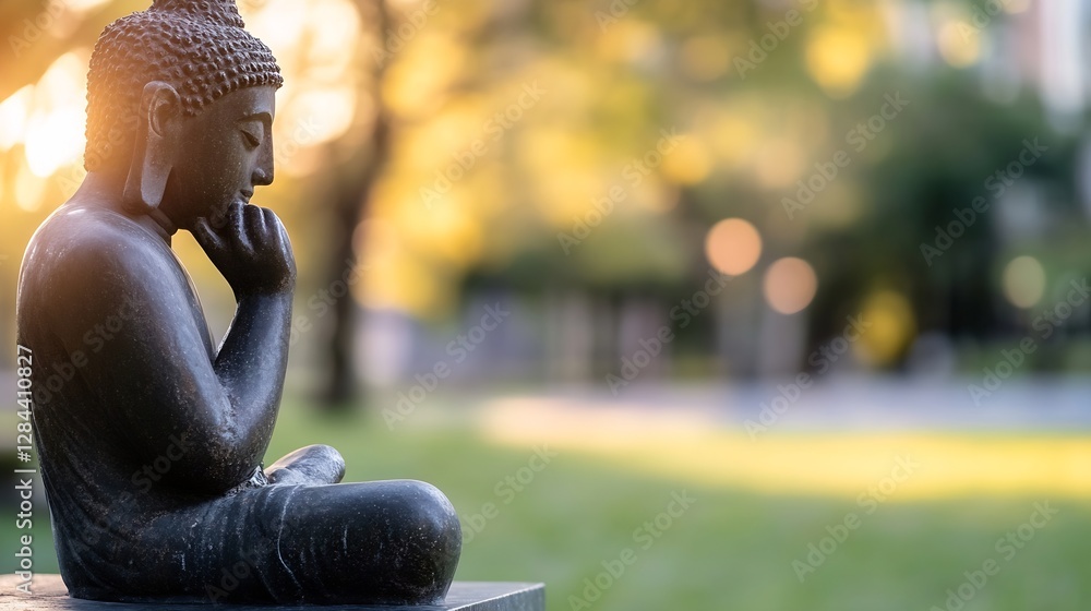 Aufkleber Serene Buddha Statue in Soft Light Surrounded by Nature in a Beautiful Outdoor Setting : Generative AI