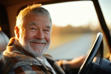 Happy professional truck driver driving his truck