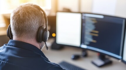 Inspection concept. Person with headset working on computer screen in an office environment.