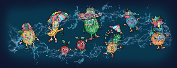 Cartoon cute fruits in water, banner, poster cherry, banana, pineapple, grapes, lemon