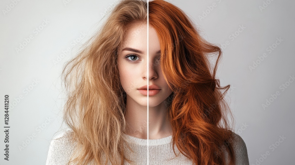 Aufkleber transformation from unkempt to stylish hair in a one sided comparison of look. generative ai