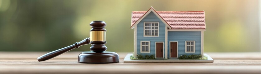 A gavel rests next to a model house, symbolizing the intersection of law and real estate, emphasizing legal proceedings in property matters.