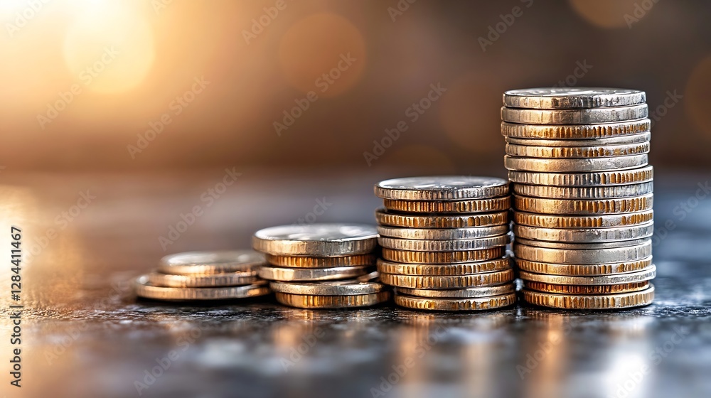 Fototapete Stack of coins arranged in ascending order illustrating wealth accumulation and financial growth in a soft glow light setting : Generative AI