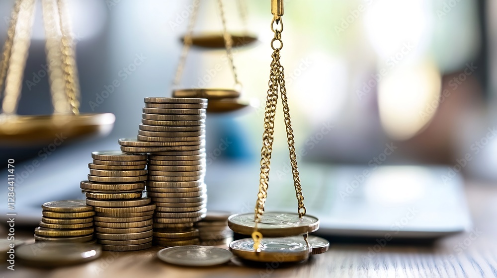 Poster balanced scales symbolizing justice and fairness in a financial environment with stacks of coins : g