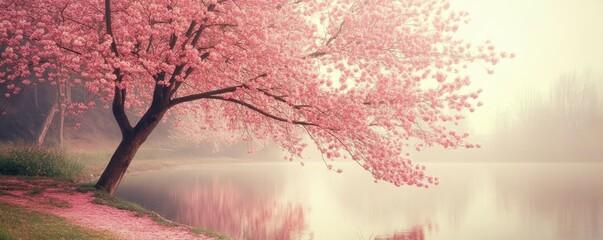 Tranquil cherry blossom tree overlooking misty lake at sunrise