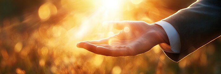 Jesus Christ's Hands Reaching Out at Sunrise, Inspirational Background with Copy Space for Your Message