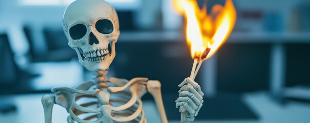 Skeleton holding lit matches in office setting