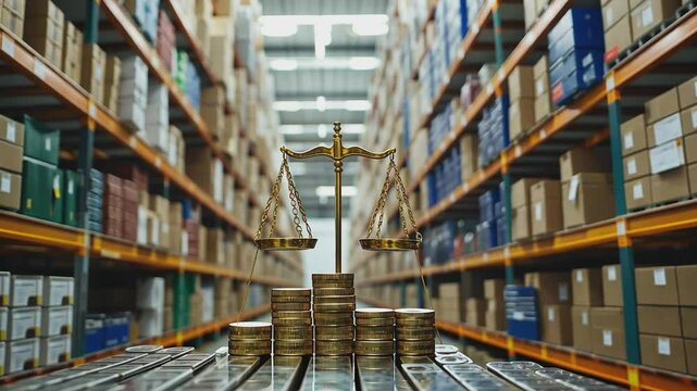 Warehouse Law: A warehouse scene featuring a balance scale atop a stack of coins, symbolizing the balance of law and the financial aspects of inventory.