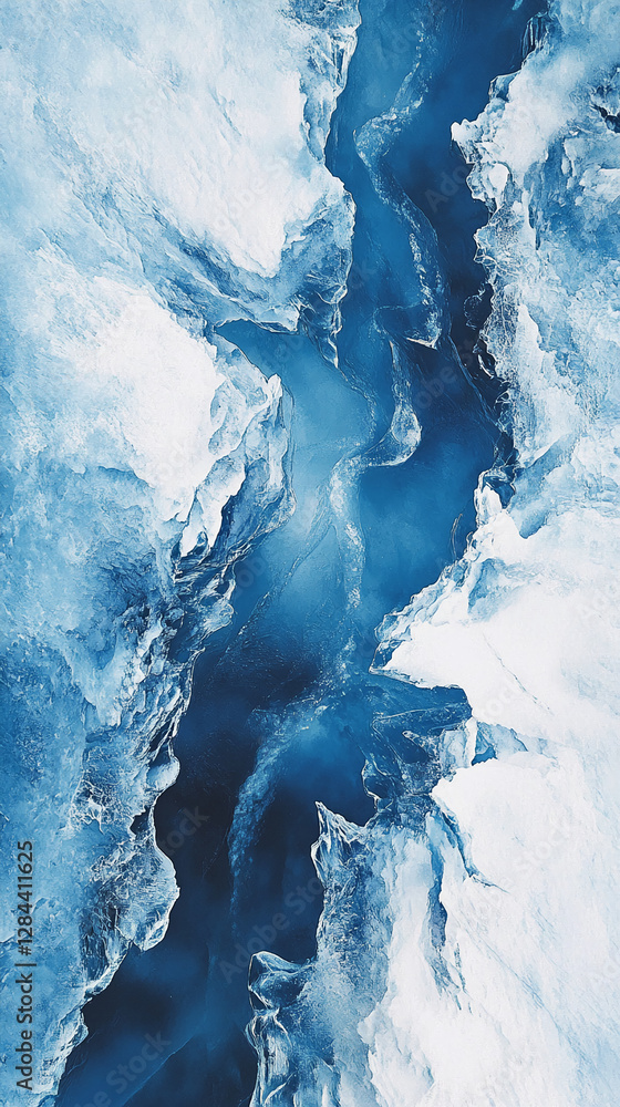 Poster close-up view of fractured ice on a frozen river, with deep blue and white ice formations flowing th