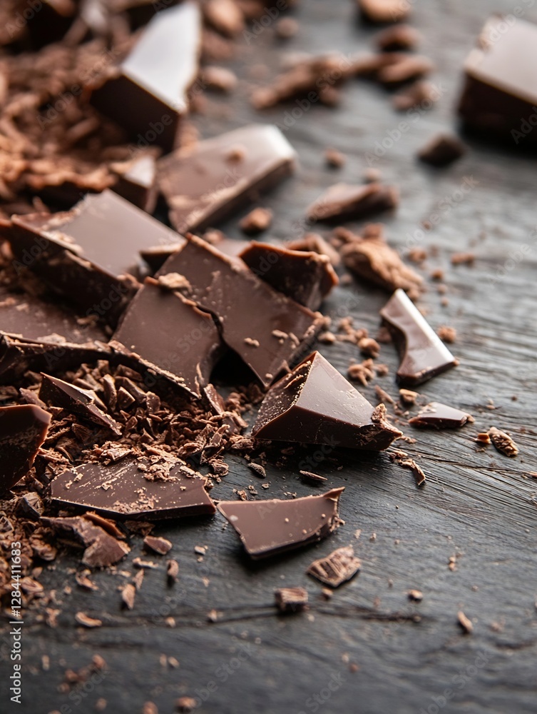 Aufkleber rich dark chocolate chunks and shavings on a rustic wooden surface : generative ai