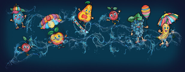 Cartoon cute fruits in water, banner, poster cherry, grape, apple, banana