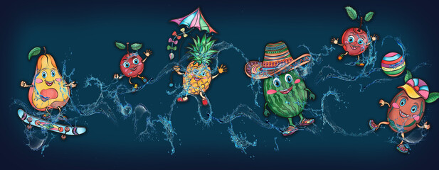 Cartoon cute fruits in water, banner, poster cherry, grape, lemon, banana, kiwi