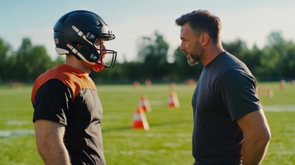 Quarterback training with a coach on an open field. Featuring mentorship and skill improvement