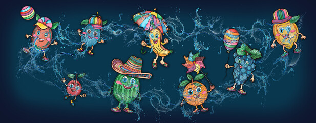 Cartoon cute fruits in water, banner, poster cherry, grape, banana, pineapple, lemon
