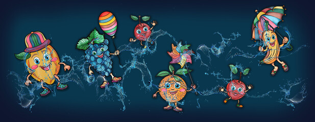 Cartoon cute fruits in water, banner, poster cherry, grape, lemon, banana, orange