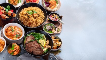 Cuisine of Different Countries: Asian and European Food Collage with Copy Space