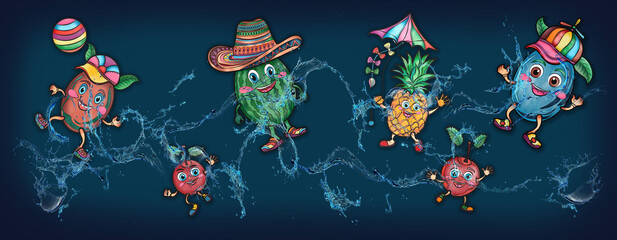 Cartoon cute fruits in water, banner, poster cherry, grape, lemon, banana, pineapple