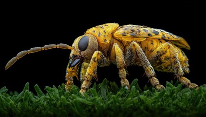 A vibrant yellow and black beetle with black legs and antennae is perched on a mossy log in a lush green jungle.