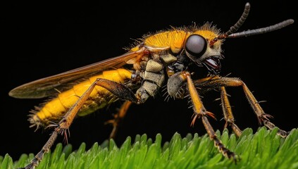A vibrant yellow and black beetle with black legs and antennae is perched on a mossy log in a lush green jungle.