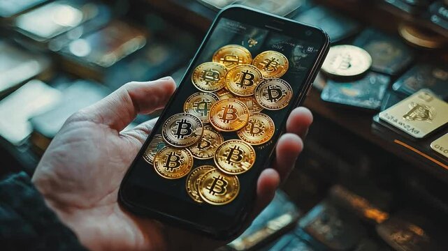 Digital Gold: A hand cradles a smartphone displaying a cascade of bitcoin, a tangible representation of the digital age, against a backdrop of physical coins.