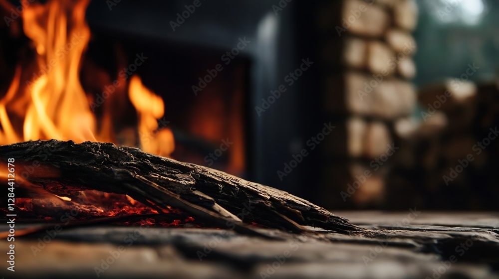Aufkleber Cozy fireplace with glowing logs and flames creating warm ambiance in a rustic setting : Generative AI