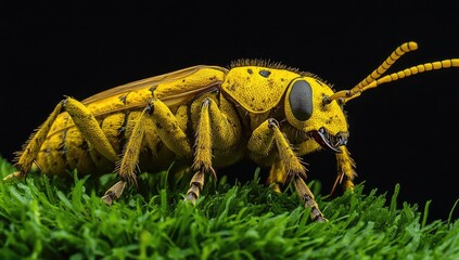 A vibrant yellow and black beetle with black legs and antennae is perched on a mossy log in a lush green jungle.