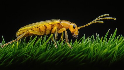 A vibrant yellow and black beetle with black legs and antennae is perched on a mossy log in a lush green jungle.