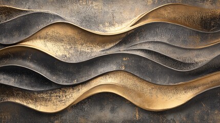 Dynamic sandstorm waves in slate gray and shimmering gold plain background