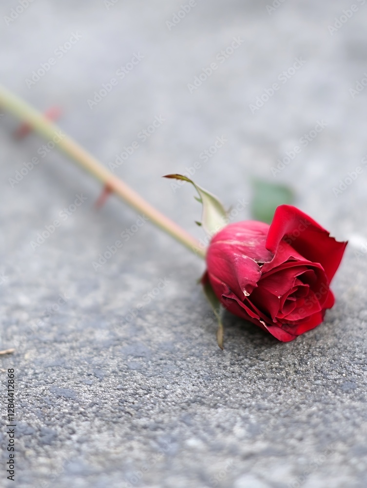 Poster Single red rose resting on a pavement with soft focus background : Generative AI