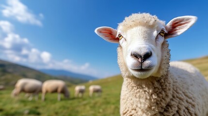 Fototapeta premium Close Up Portrait of Playful Sheep in Green Pasture Under Blue Sky Enjoying Nature : Generative AI