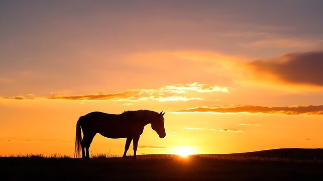 Silhouette of a majestic horse against a vibrant sunset horizon capturing the beauty of nature : Generative AI - Powered by Adobe