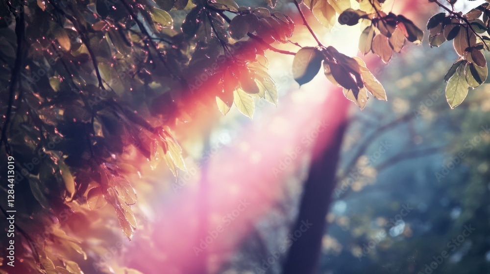 Poster sunlight streams through leaves creating a colorful lens flare in forest canopy