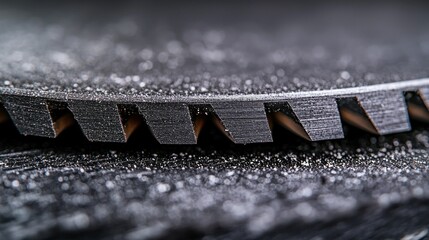 Close-up circular saw blade on dark surface with dust