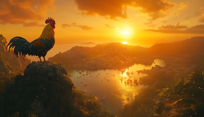 A graceful rooster standing tall on the edge of a mountain, Generative AI