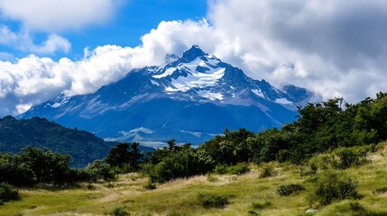 Fototapeta premium Breathtaking SnowCapped Mountains Surrounded by Lush Green Landscape under a Dramatic Sky : Generative AI