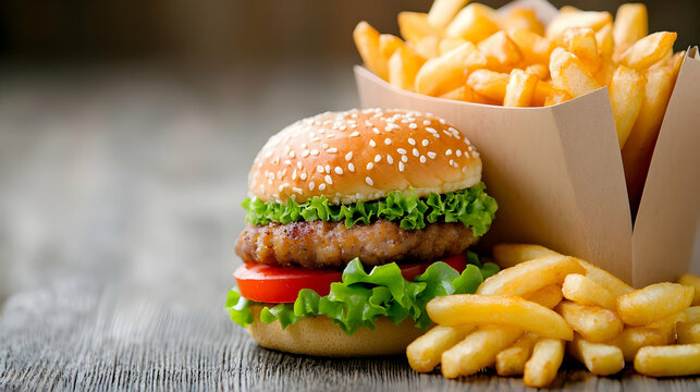 Juicy burger with fries on wooden table. Food photography for menu