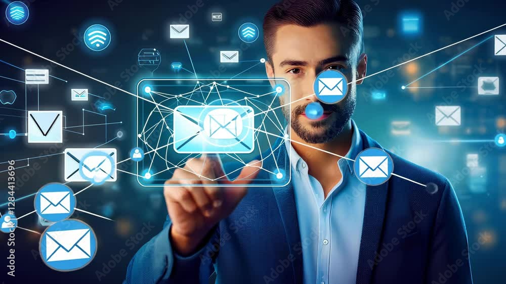 Poster a businessman composing and sending a digital letter via email, illustrating the essence of modern e
