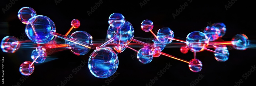 Poster visualization of gas molecules in motion showcasing glowing atomic structures in a scientific contex