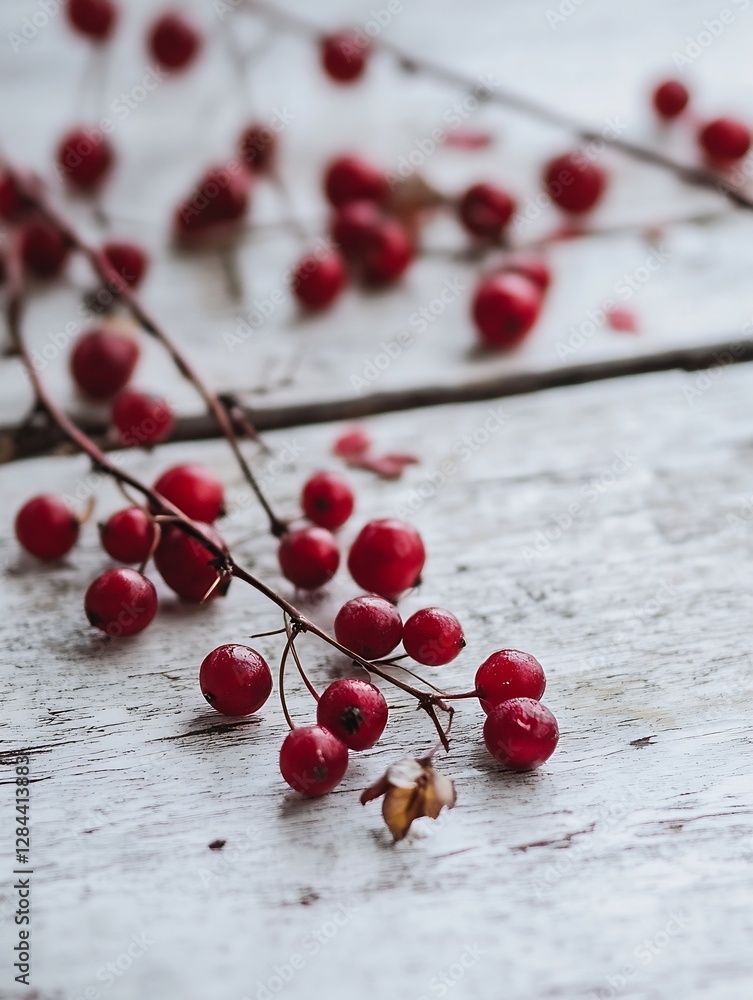 Aufkleber closeup capture of vibrant red berries resting on a rustic wooden surface : generative ai
