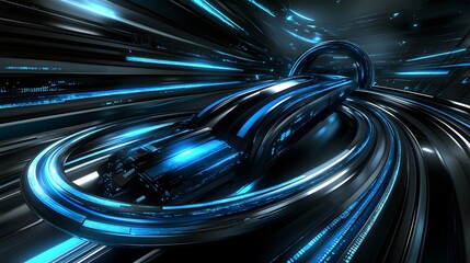 Futuristic Abstract Technology Concept with Neon Blue Design and Dynamic Motion in Tunnel