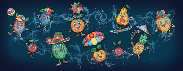Cartoon cute fruits in water, banner, poster cherry, lemon, watermelon, orange, grapes