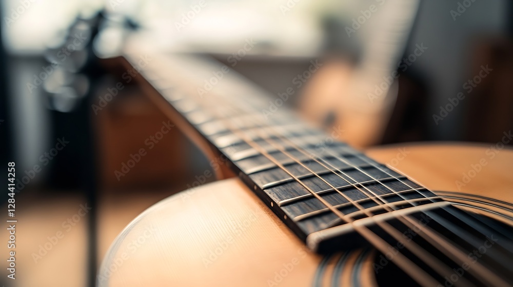 Poster close up view of acoustic guitar neck showcasing strings and fretboard in natural light : generative